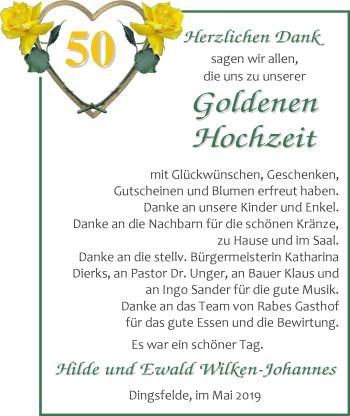 Hochzeitsanzeige von Hilde Wilken-Johannes von Nordwest-Zeitung