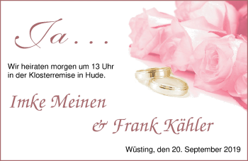 Hochzeitsanzeige von Imke Meinen von Nordwest-Zeitung